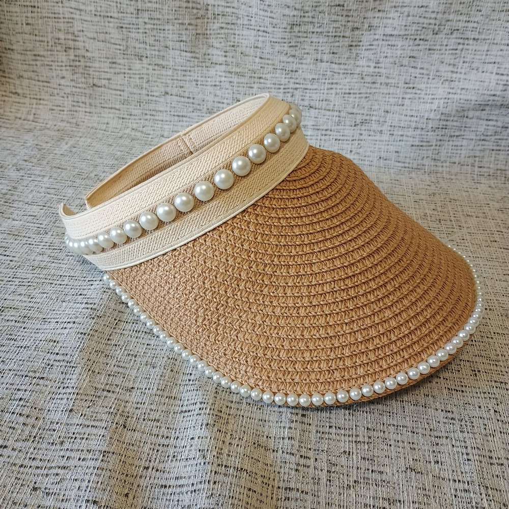 Ellen Tracy Woven Straw Sun Visor Faux Pearl Trim Tan Cream Open Back Headband